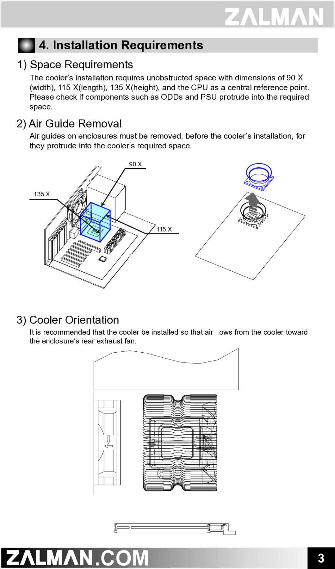 ZALMAN CNPS9500 AT user manual Installation Requirements, Space Requirements, Air Guide Removal, Cooler Orientation 