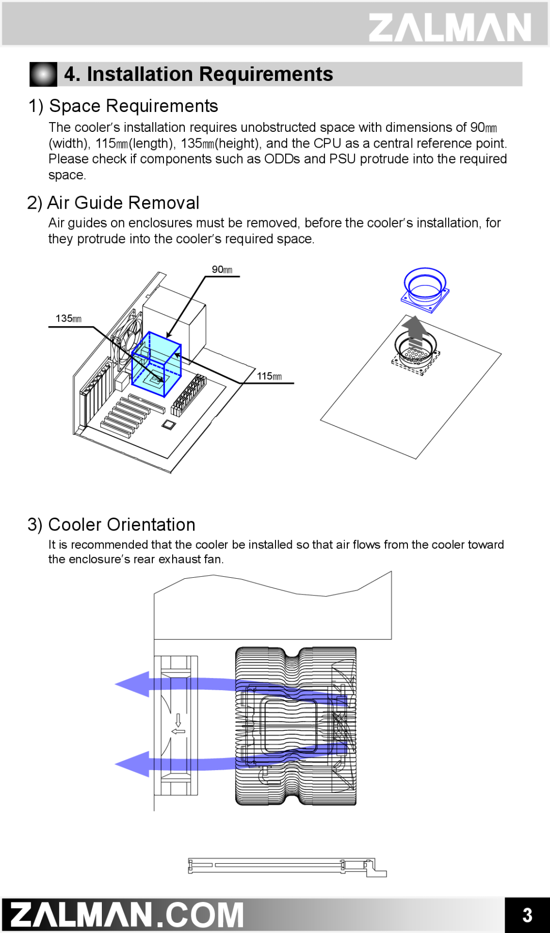 ZALMAN CNPS9500 AT user manual Installation Requirements, Space Requirements, Air Guide Removal, Cooler Orientation 