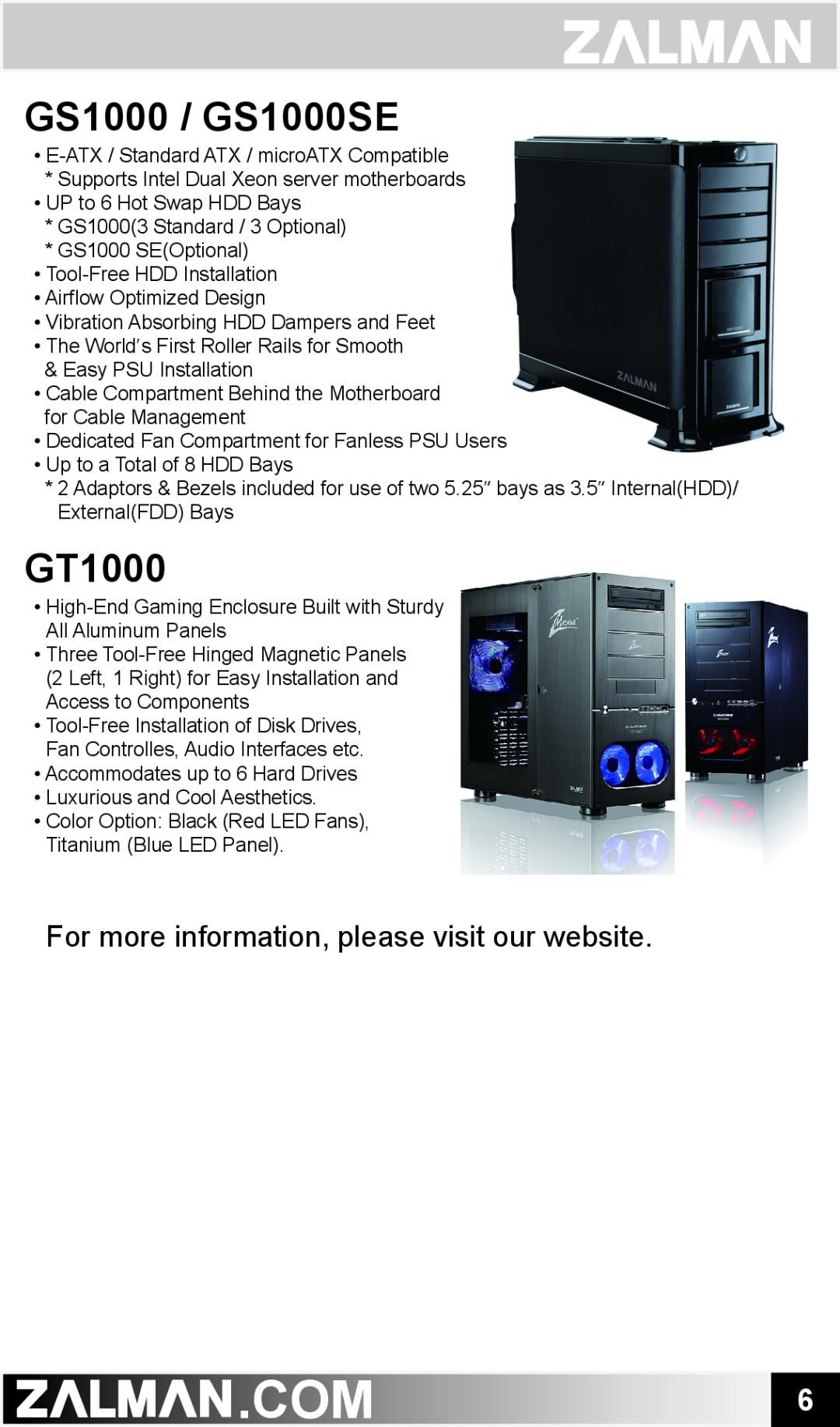 ZALMAN CNPS9500 AT user manual GS1000 / GS1000SE, GT1000, For more information, please visit our website 