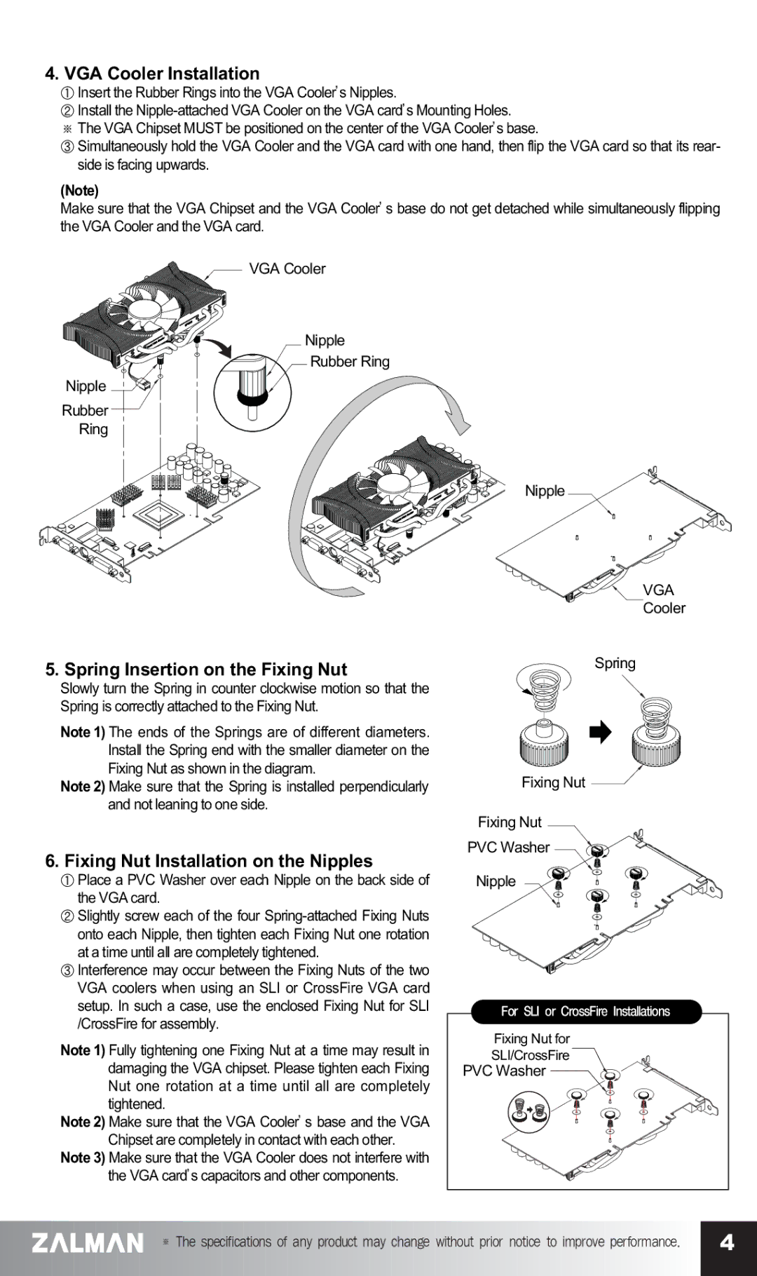 ZALMAN GV1000 manual VGA Cooler Installation, Spring Insertion on the Fixing Nut, Fixing Nut Installation on the Nipples 