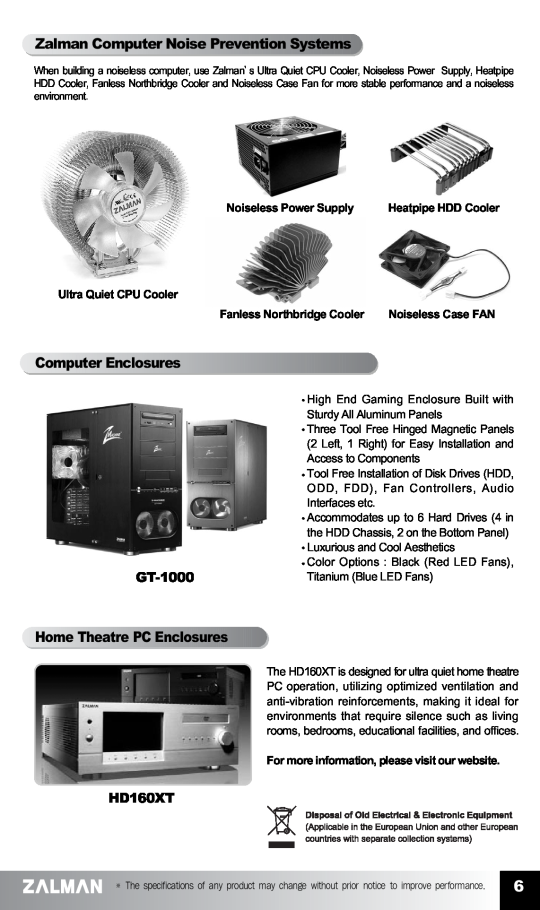 ZALMAN GV1000 manual ZalmanComputerNoisePreventionSystems, ComputerEnclosures, HomeTheatrePCEnclosures, GT-1000, HD160XT 