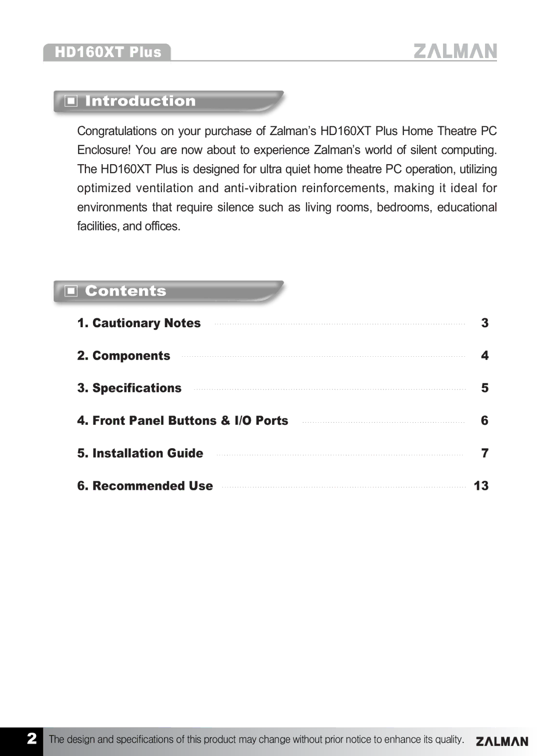 ZALMAN manual HD160XT Plus Introduction 