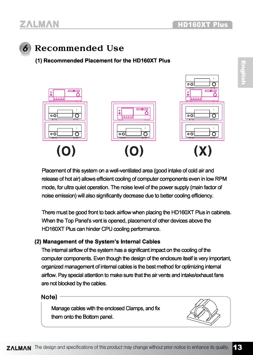 ZALMAN manual English, Recommended Placement for the HD160XT Plus, Management of the System’s Internal Cables 