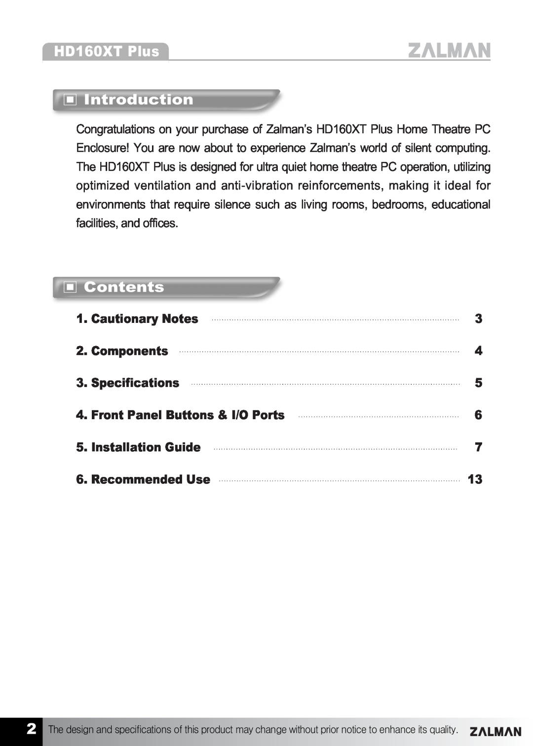 ZALMAN manual HD160XT Plus Introduction, Contents 