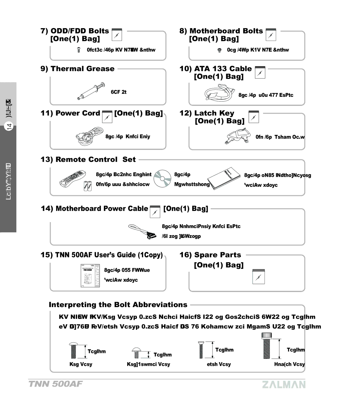 ZALMAN TNN 500AF ODD/FDD Bolts Motherboard Bolts One1 Bag, Thermal Grease ATA 133 Cable, Power Cord One1 Bag Latch Key 