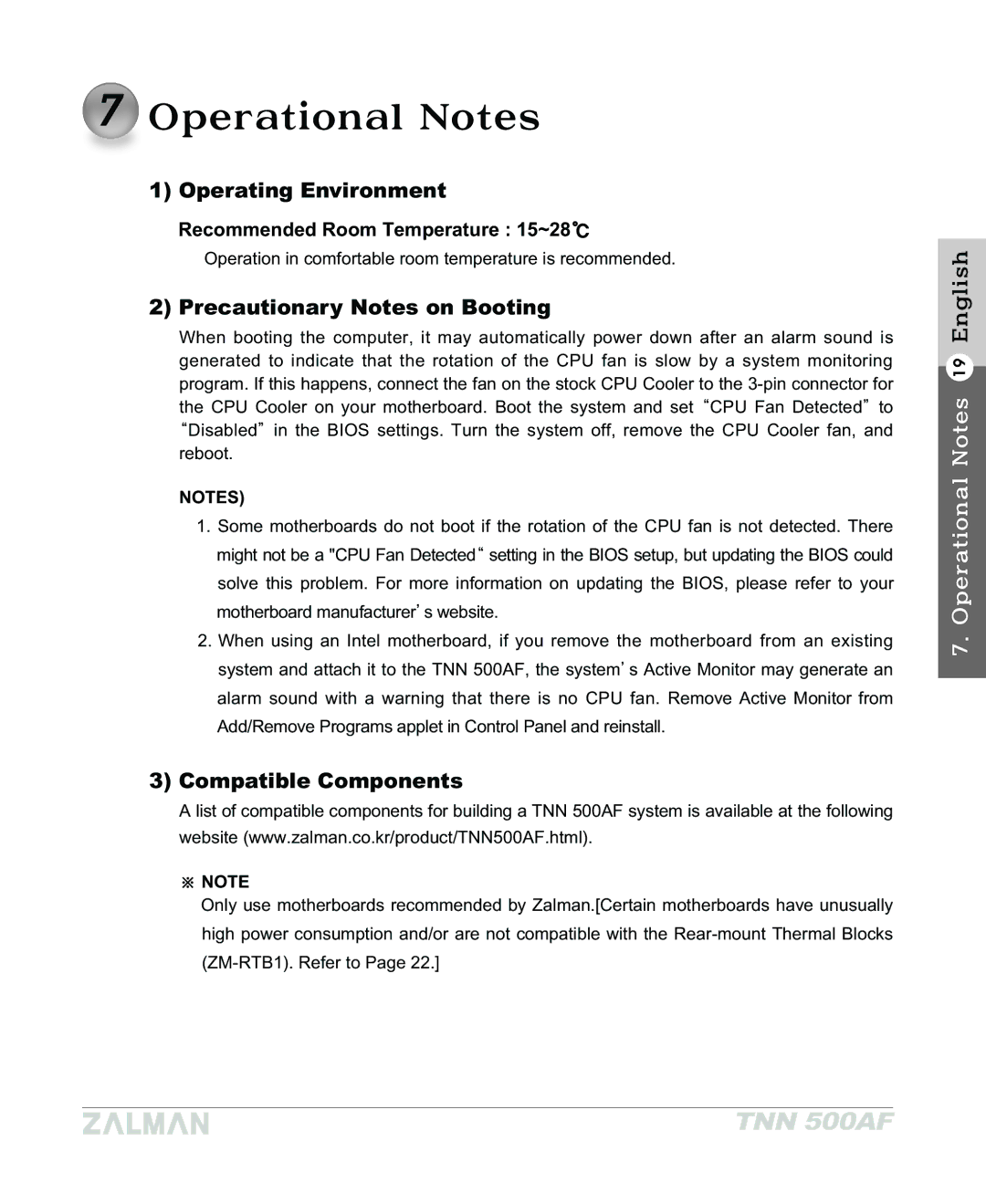 ZALMAN TNN 500AF manual Operating Environment, Precautionary Notes on Booting, Compatible Components 