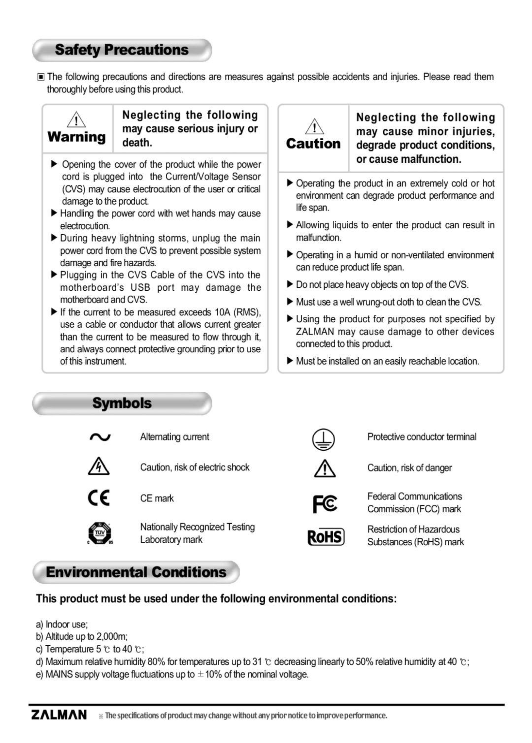 ZALMAN ZM-MFC2, Multi Fan Controller manual Safety Precautions, Symbols, Environmental Conditions, Death 