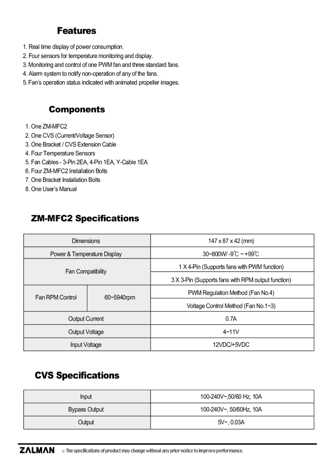 ZALMAN Multi Fan Controller manual Features, CVS Specifications, Components, ZM-MFC2 Specifications 