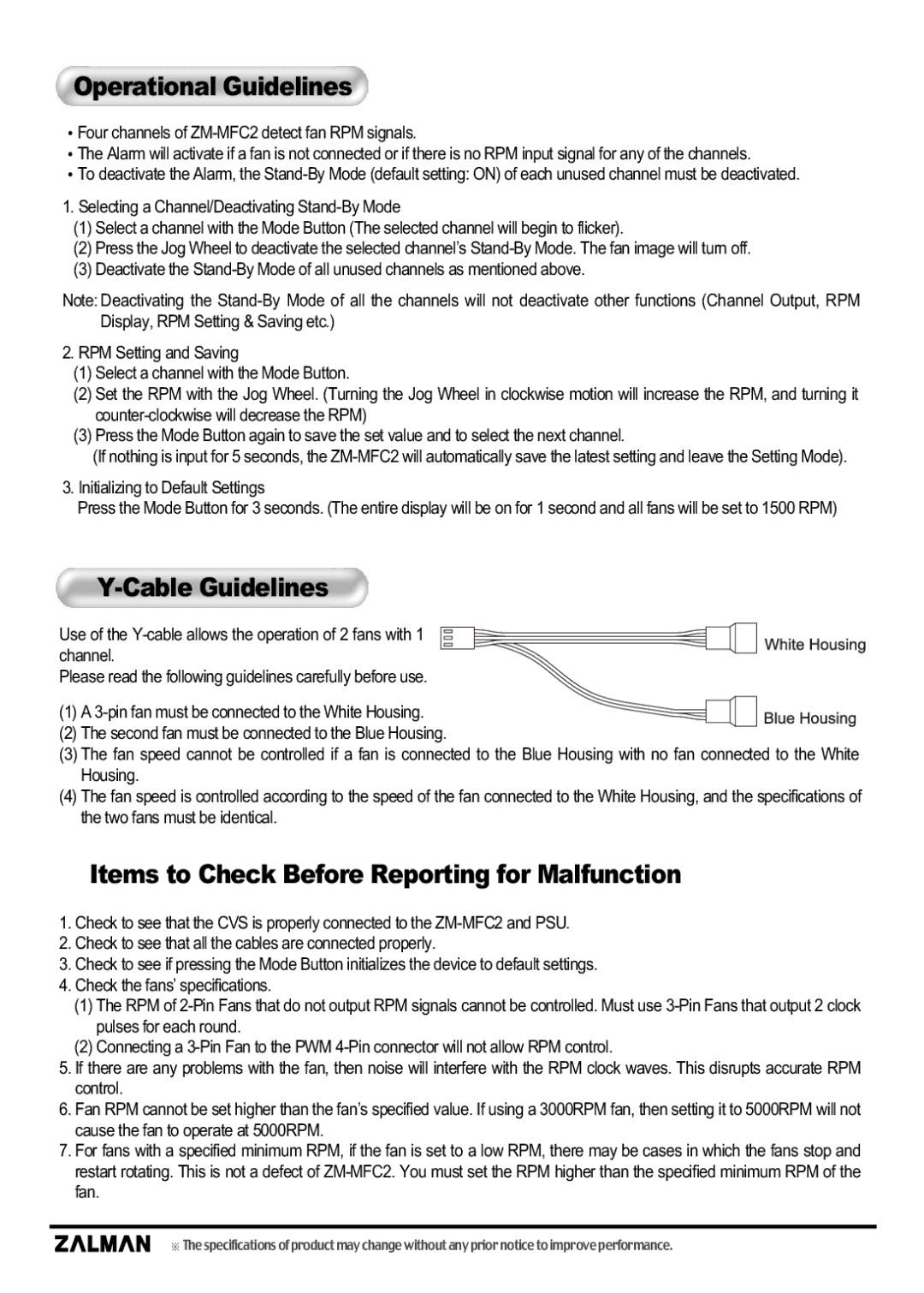 ZALMAN Multi Fan Controller Operational Guidelines, Cable Guidelines, Items to Check Before Reporting for Malfunction 