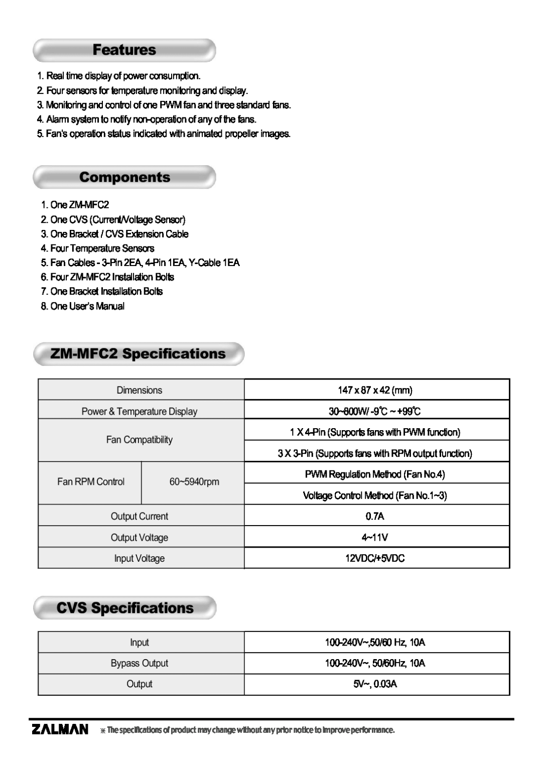ZALMAN Multi Fan Controller manual Features, CVS Specifications, Components, ZM-MFC2Specifications 