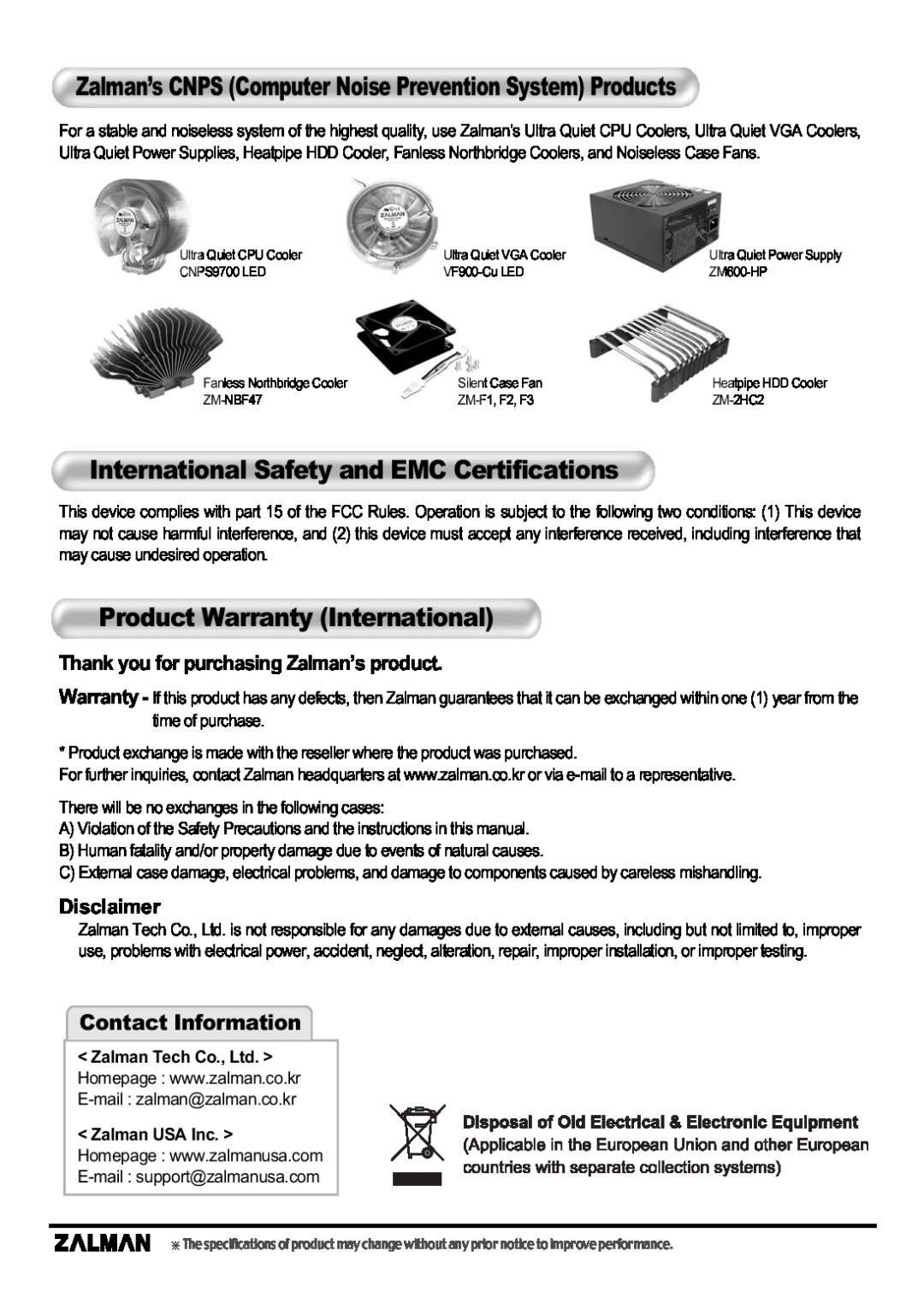 ZALMAN ZM-MFC2 International Safety and EMC Certifications, Product Warranty International, Disclaimer, Zalman USA Inc 