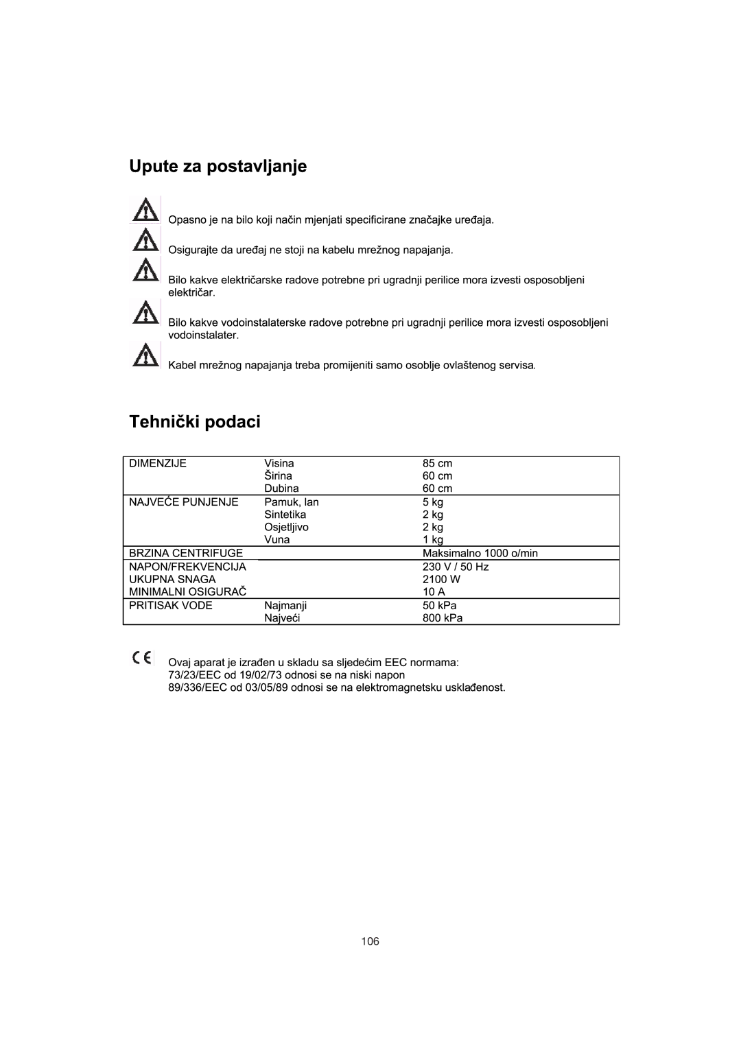 Zanussi 106 user manual 