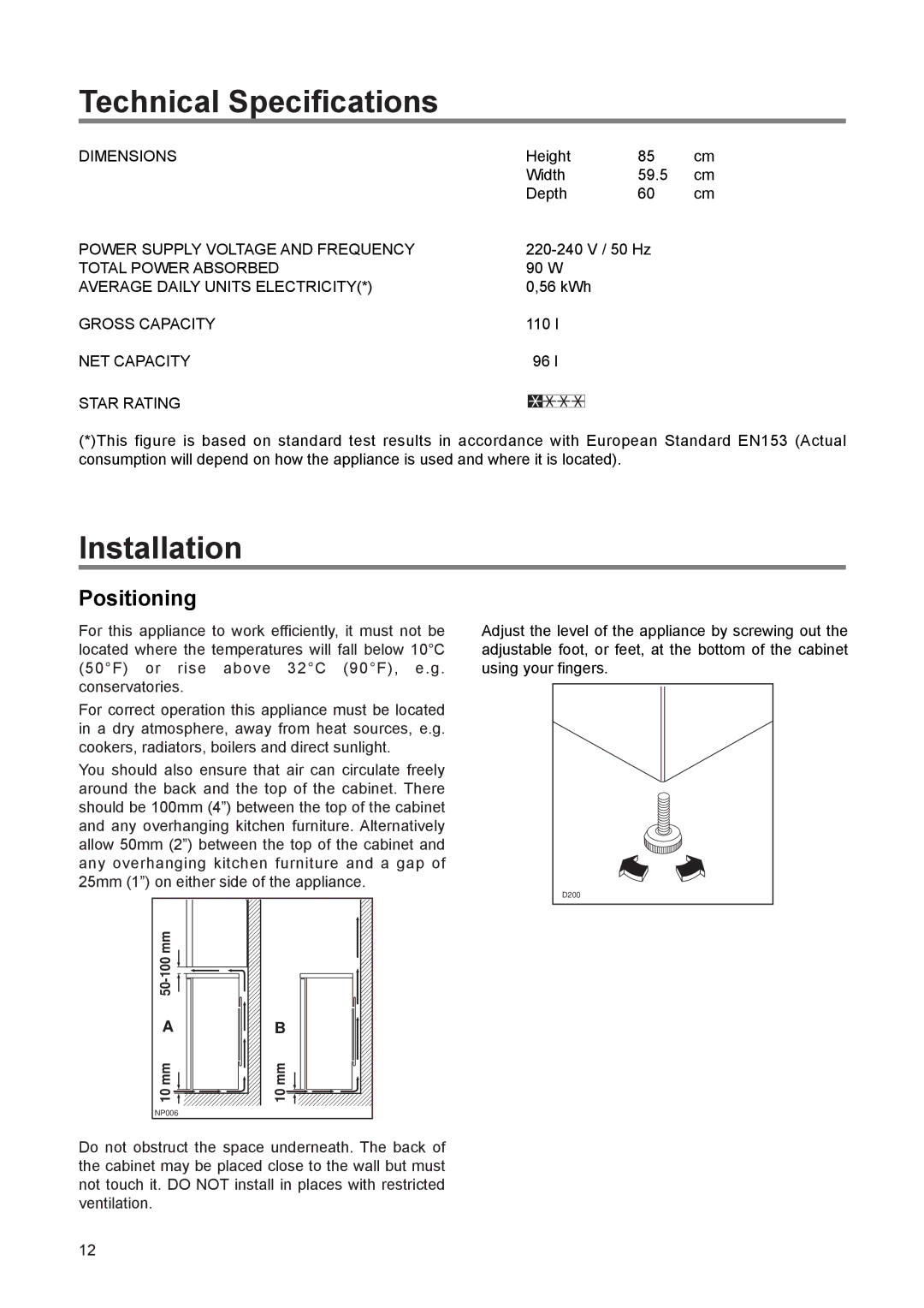 Zanussi 110 W manual Technical Specifications, Installation, Positioning 