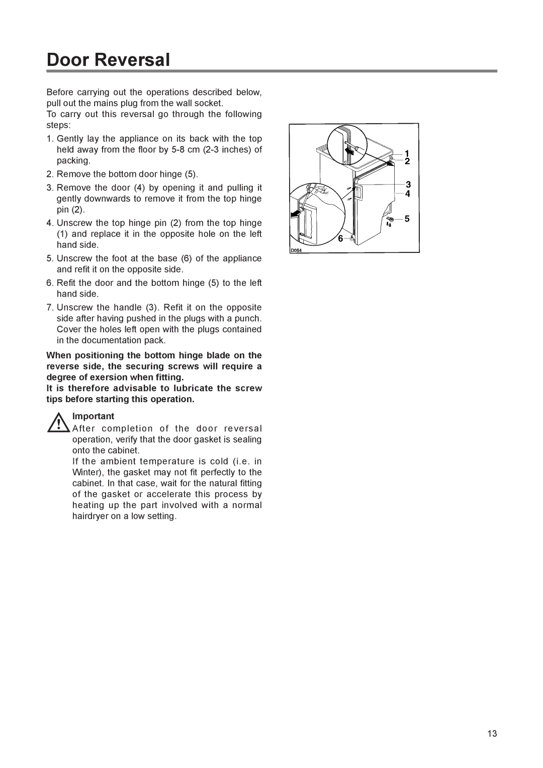 Zanussi 110 W manual Door Reversal 