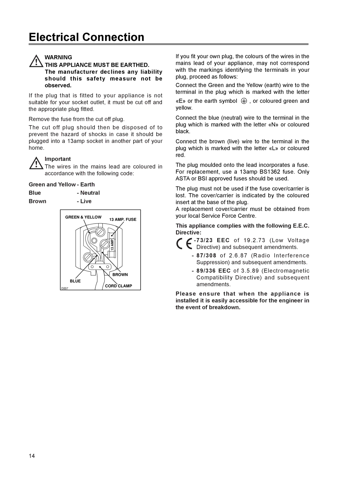 Zanussi 110 W manual Electrical Connection, Green and Yellow Earth Blue- Neutral Brown Live 