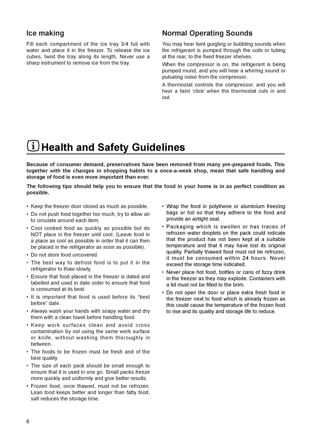 Zanussi 110 W manual Health and Safety Guidelines, Ice making, Normal Operating Sounds 