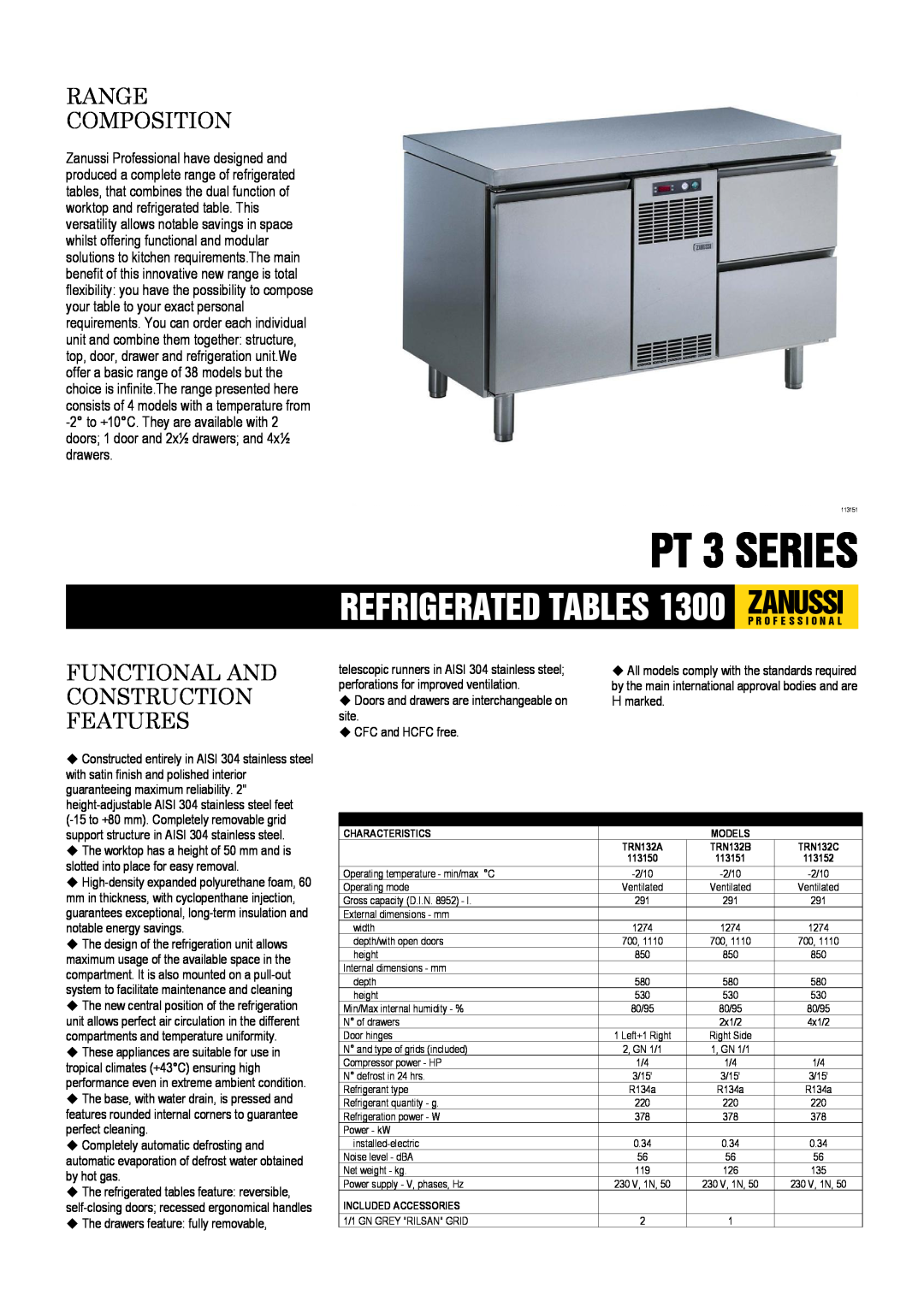 Zanussi 113152, 113150, 113151, TRN132B, TRN132C dimensions Zanussi, PT 3 SERIES, Refrigerated Tables, Range Composition 