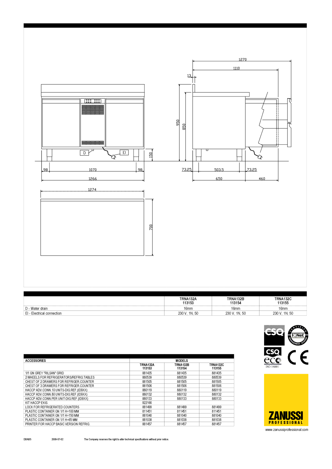 Zanussi 113154, 113155, 113153, TRNA132B, TRNA132C, TRNA132A dimensions Zanussi 