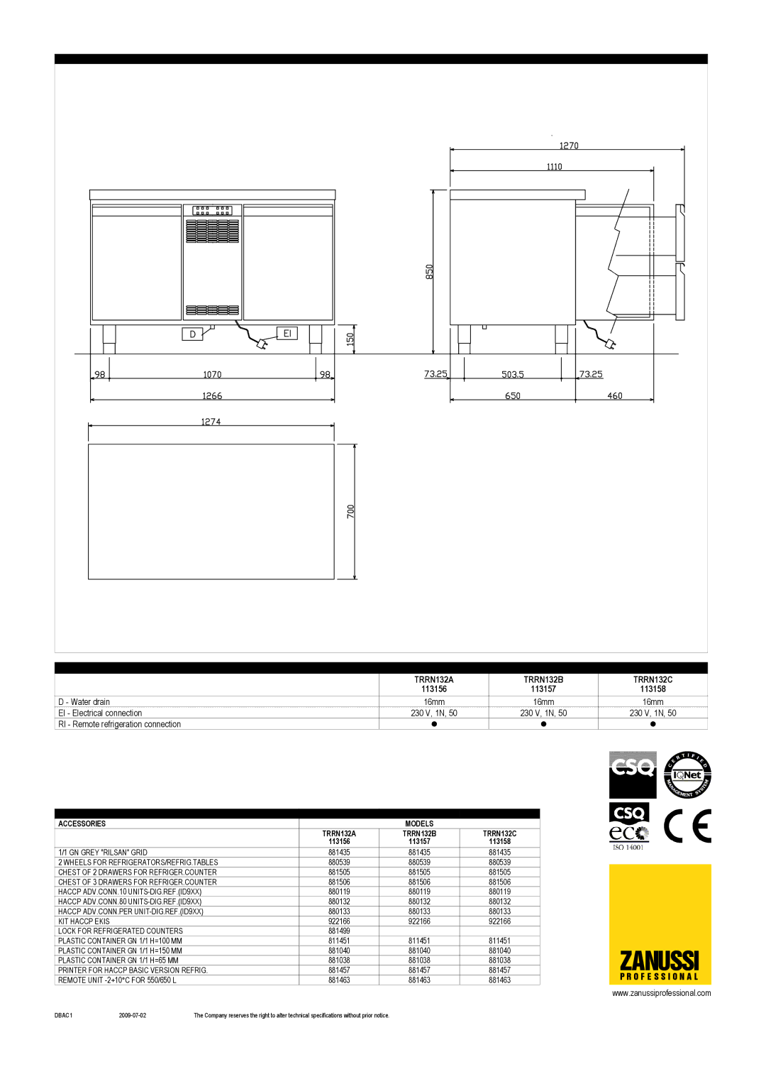 Zanussi 113158, 113157, 113156, TRRN132C, TRRN132B, TRRN132A dimensions Zanussi 