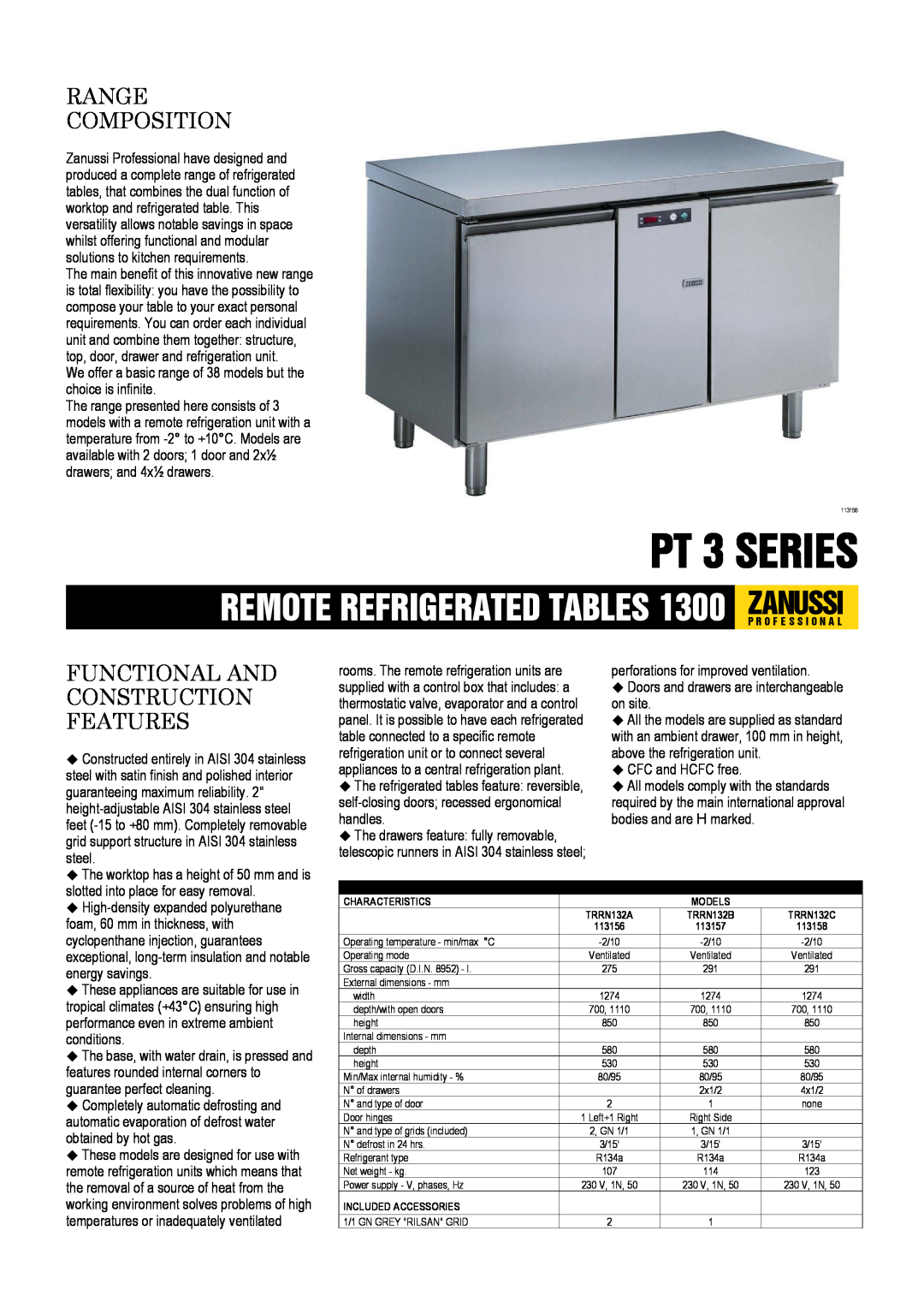 Zanussi 113156, 113157, 113158, TRRN132C dimensions PT 3 SERIES, Range Composition, Functional And Construction Features 