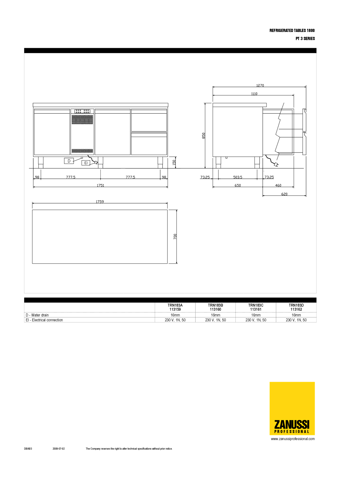 Zanussi 113159, 113160, 113161, 113162, TRN183D, TRN183B, TRN183A, TRN183C dimensions Zanussi 