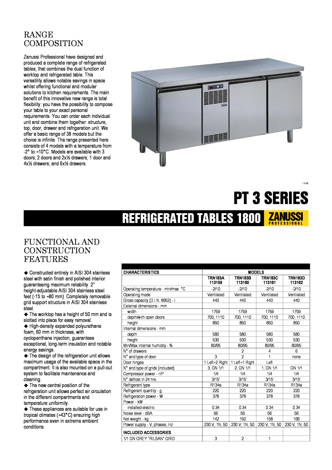 Zanussi 113161, 113160, 113162, 113159 dimensions PT 3 SERIES, Range Composition, Functional And Construction Features 