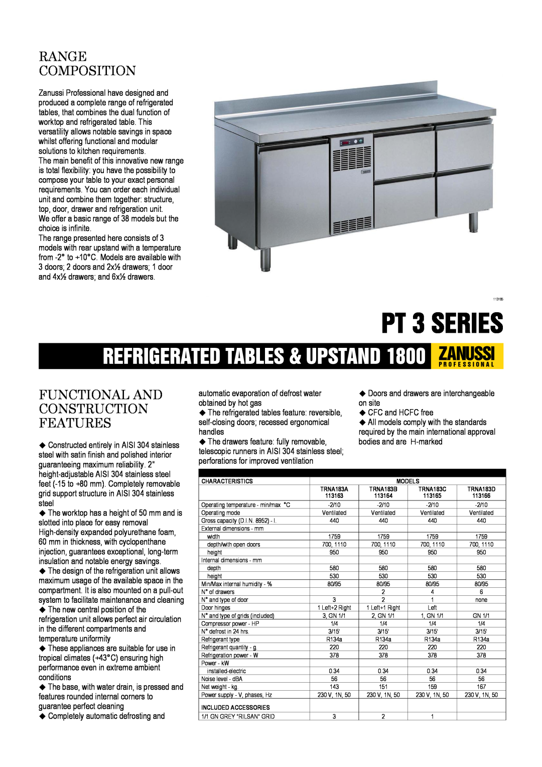 Zanussi 113164, 113165, 113163, 113166 dimensions PT 3 SERIES, Range Composition, Functional And Construction Features 