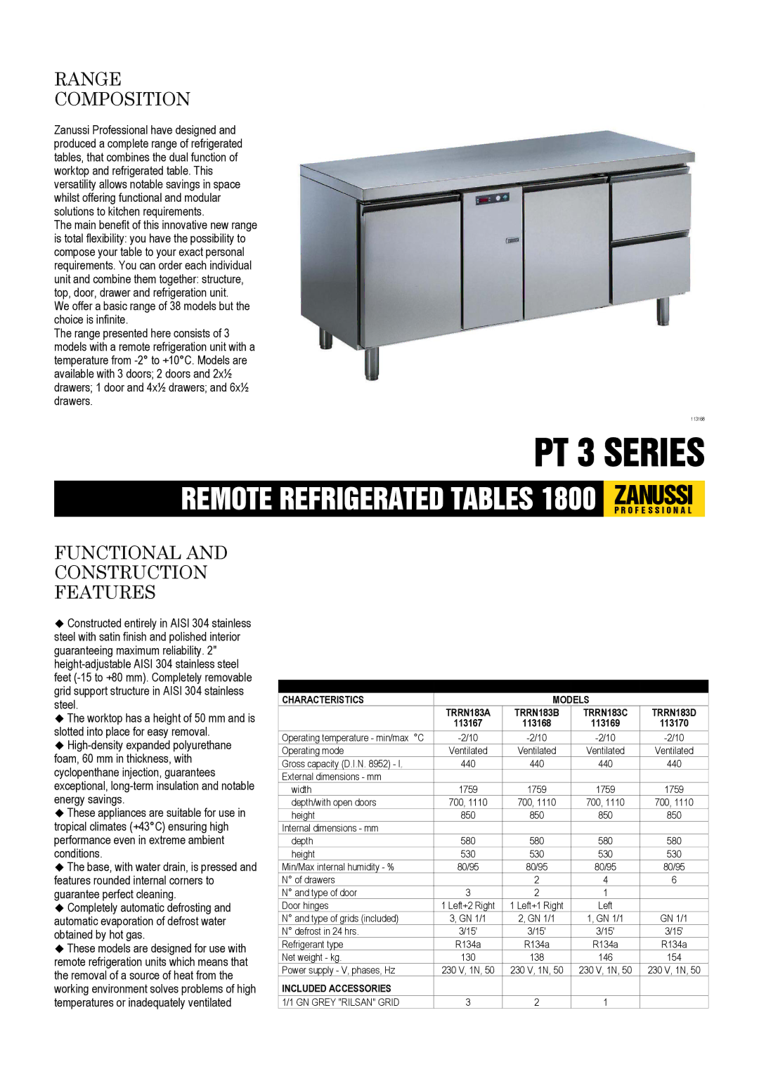 Zanussi 113170, 113168, 113167, 113169, TRRN183C, TRRN183B dimensions Range Composition, Functional and Construction Features 