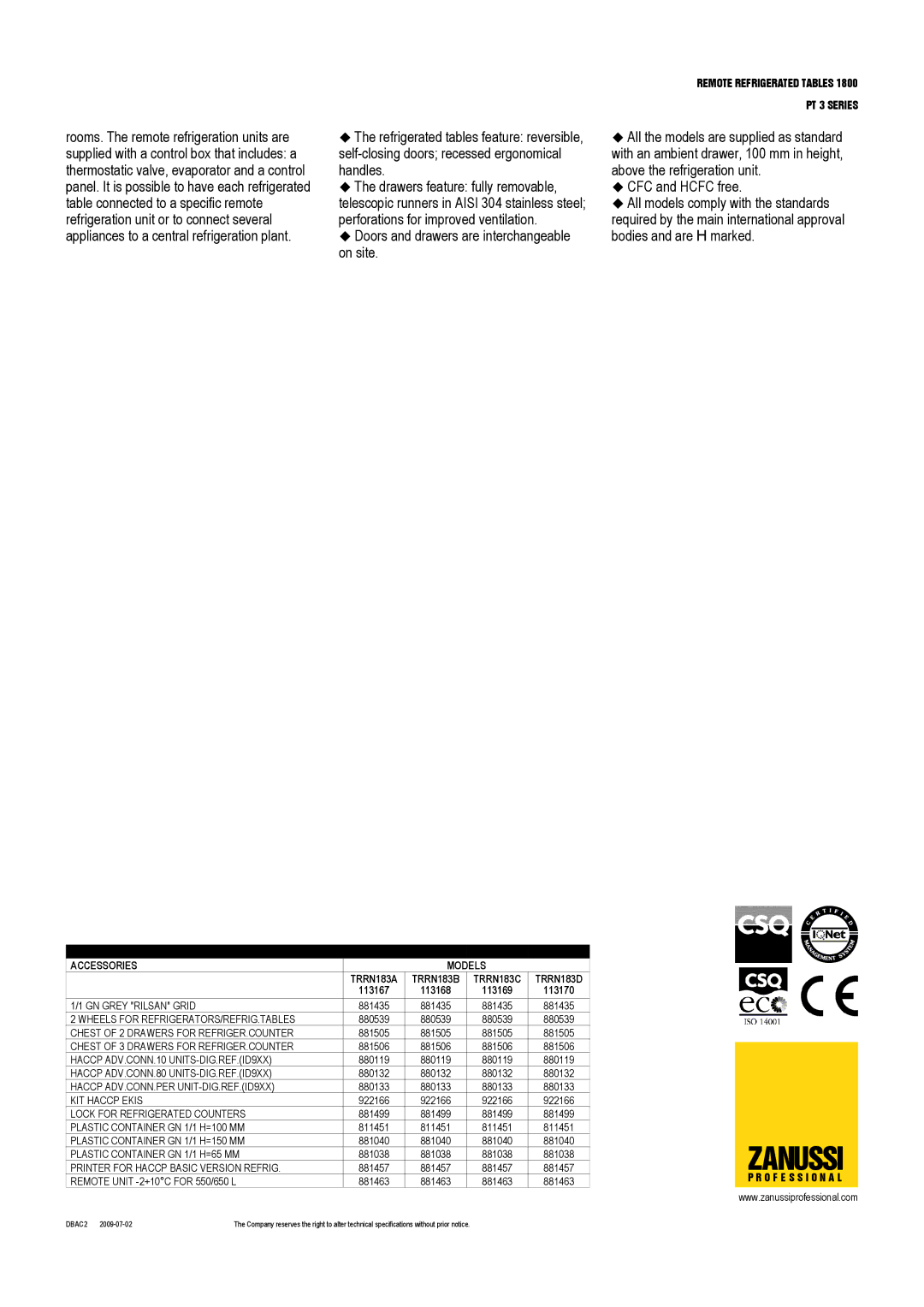 Zanussi 113167, 113168, 113170, 113169, TRRN183C, TRRN183B, TRRN183A, TRRN183D dimensions Zanussi 