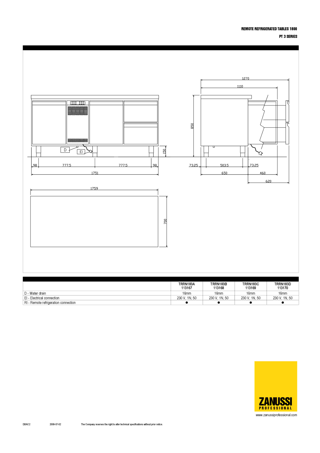 Zanussi 113169, 113168, 113170, 113167, TRRN183C, TRRN183B, TRRN183A, TRRN183D dimensions Zanussi 