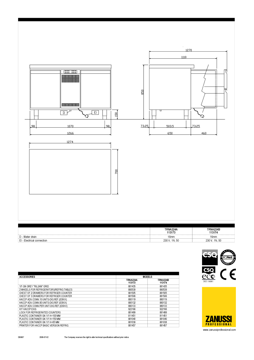 Zanussi TRNA224A, 113174, 113173, TRNA224B dimensions Zanussi 