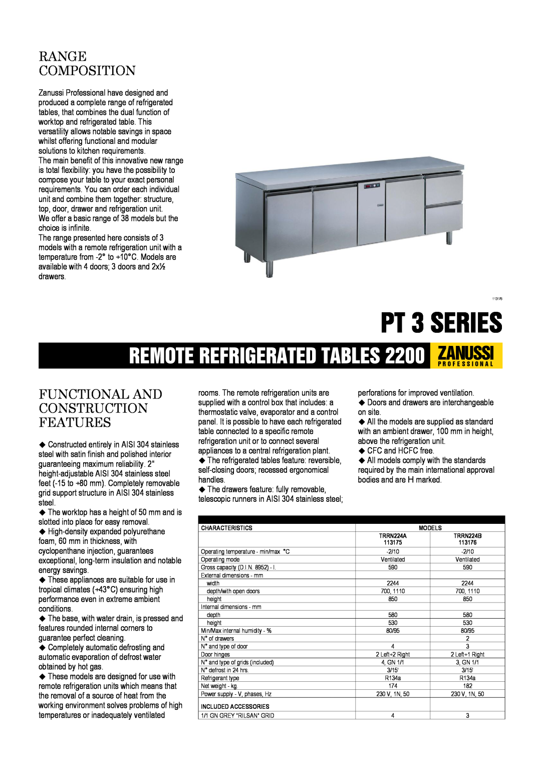 Zanussi 113176, 113175, TRRN224B, TRRN224A dimensions PT 3 SERIES, Range Composition, Functional And Construction Features 