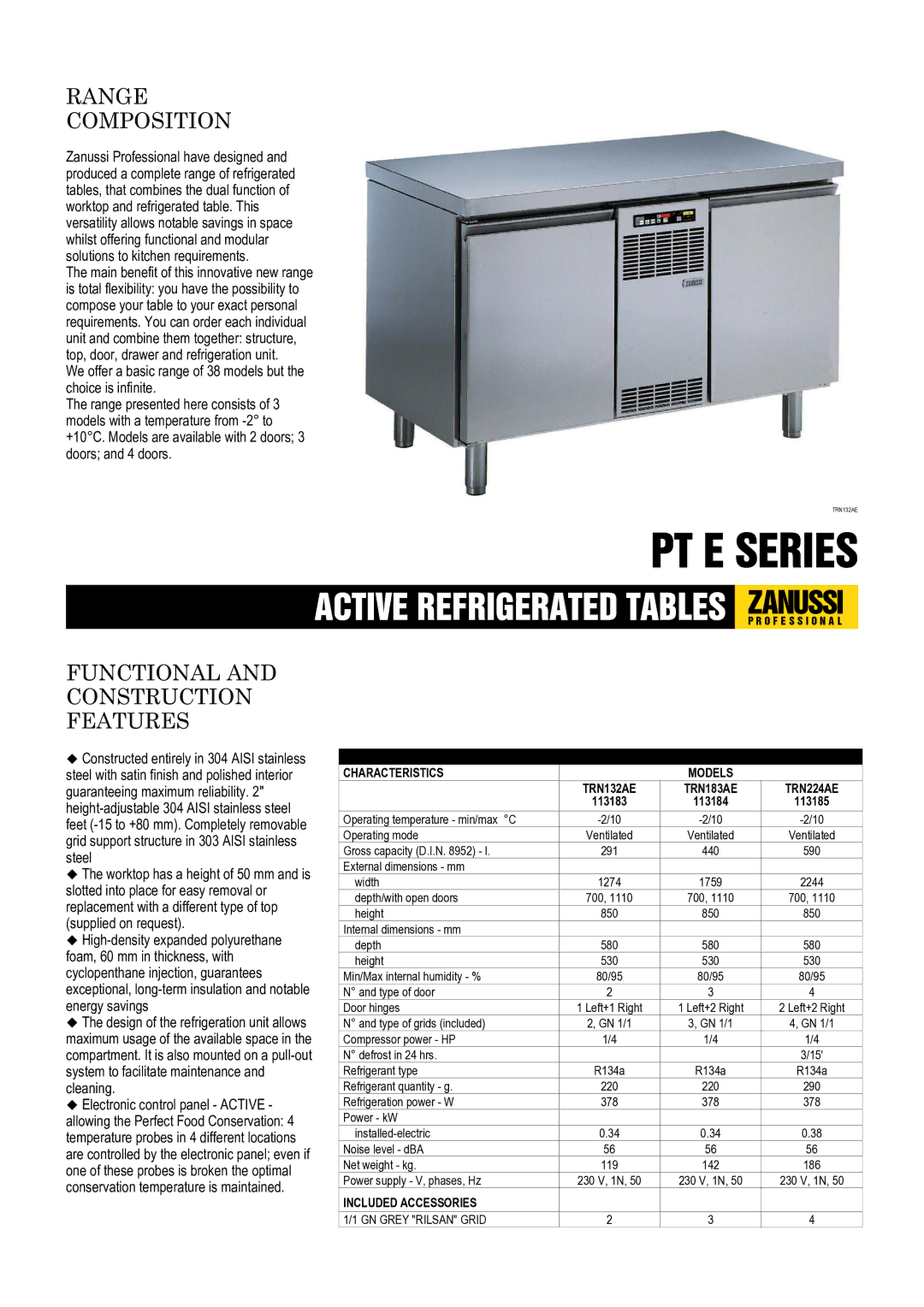 Zanussi 113185, 113183, 113184, TRN183AE, TRN132AE, TRN224AE dimensions PT E Series 