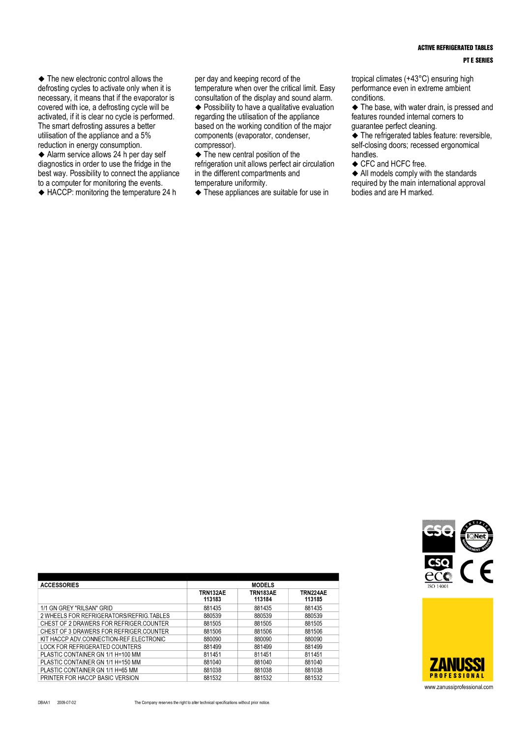 Zanussi 113184, 113183, 113185, TRN183AE, TRN132AE, TRN224AE dimensions Zanussi 