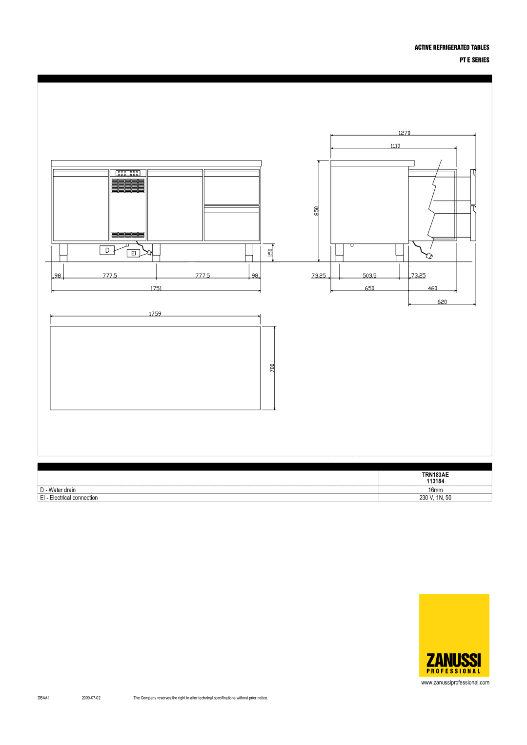 Zanussi TRN132AE, 113183, 113185, TRN183AE, TRN224AE dimensions 113184 