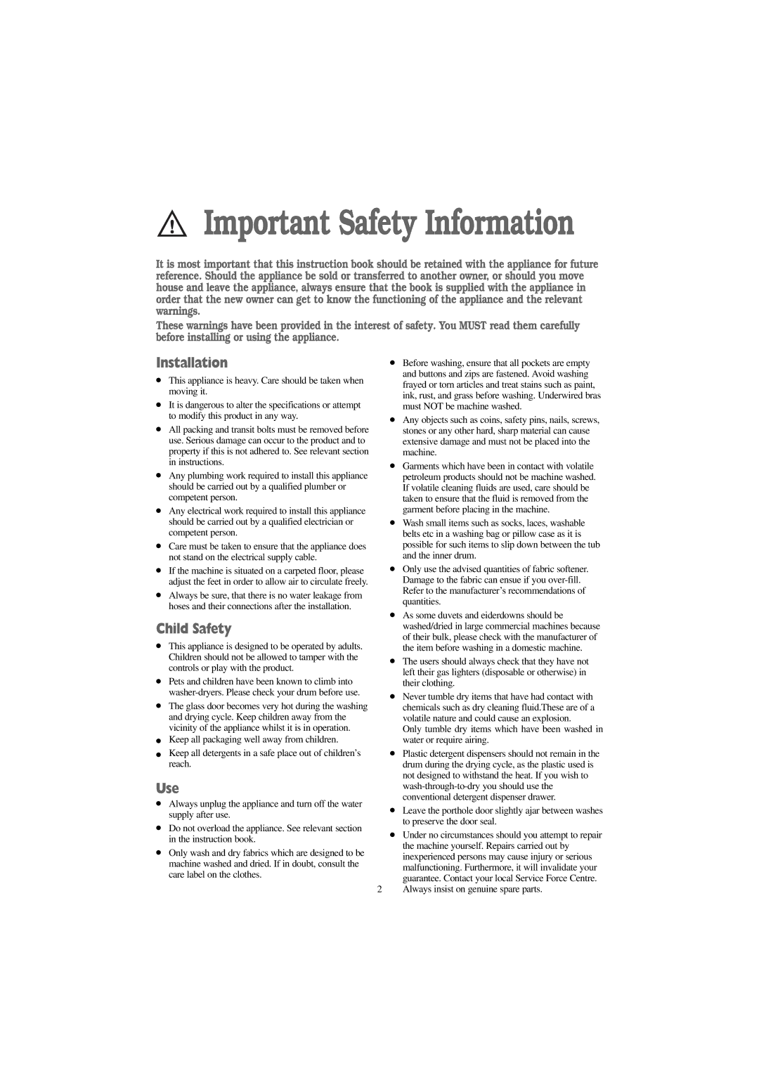 Zanussi 1262 S, 1262 W manual Installation, Child Safety, Use, Always insist on genuine spare parts 