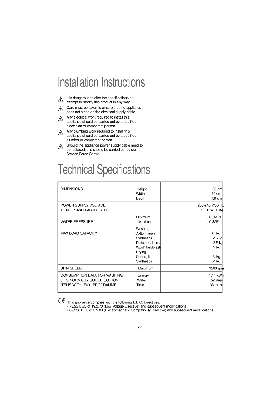 Zanussi 1262 W, 1262 S manual Installation Instructions, Technical Specifications, Drying 