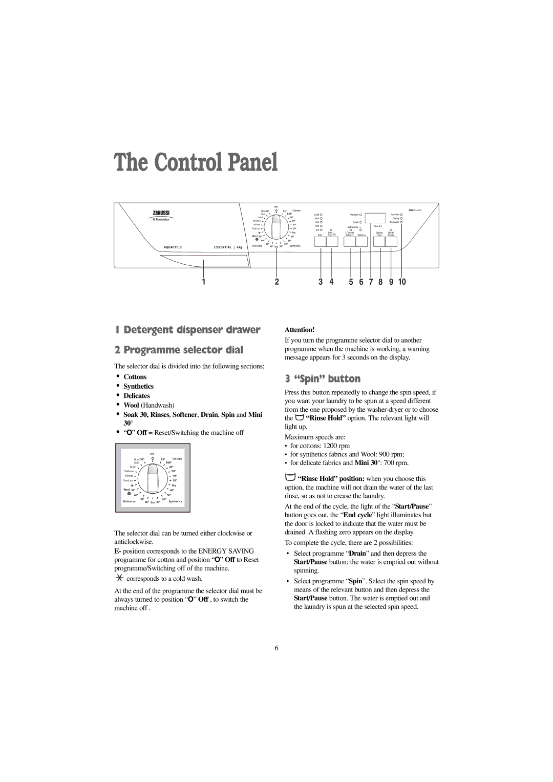 Zanussi 1262 S, 1262 W manual Control Panel, Detergent dispenser drawer Programme selector dial, Spin button 