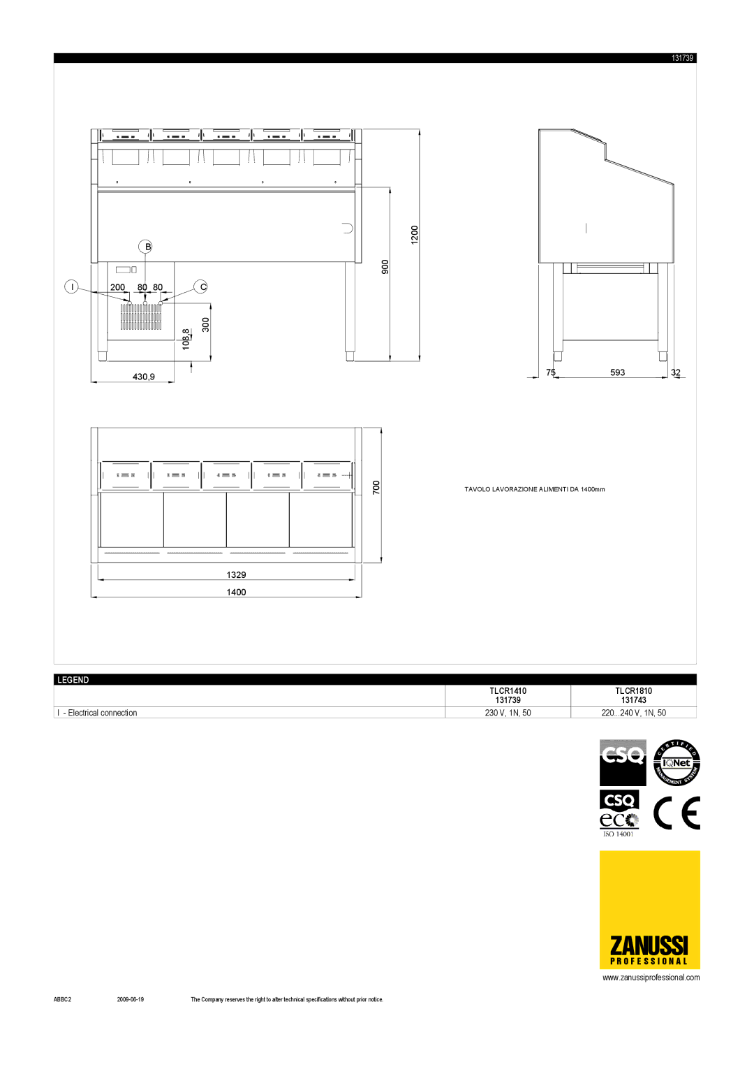 Zanussi TLCR1410, 131739, 131743, TLCR1810 dimensions Zanussi, O F E S S I O N a L, ABBC2 