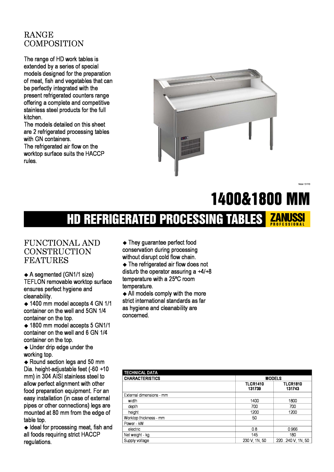 Zanussi 131743, 131739, TLCR1410, TLCR1810 dimensions 1400&1800 MM, Range Composition, Functional And Construction Features 