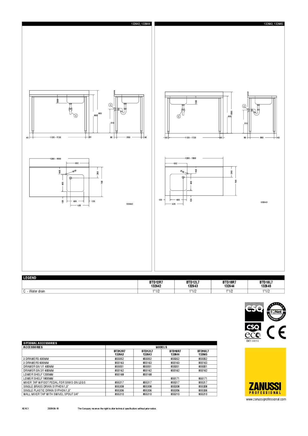 Zanussi BTD18R7, 132643, 132642, BTD12L7, BTD12R7, BTD18L7, 132644, 132645 dimensions Zanussi 