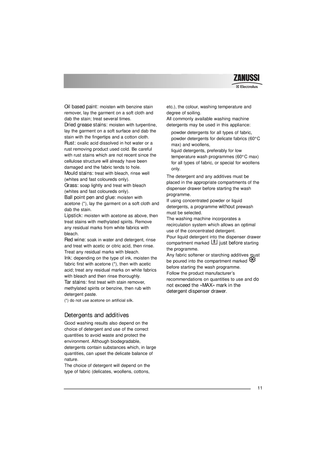 Zanussi 132973860 user manual Detergents and additives 