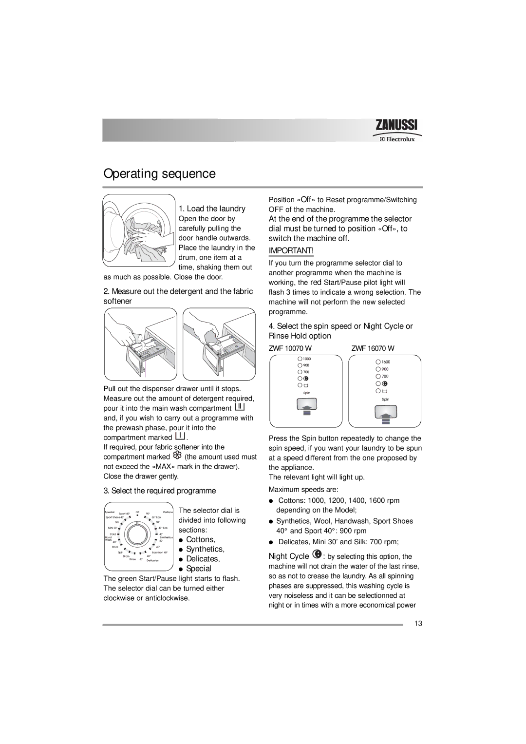 Zanussi 132973860 user manual Operating sequence 