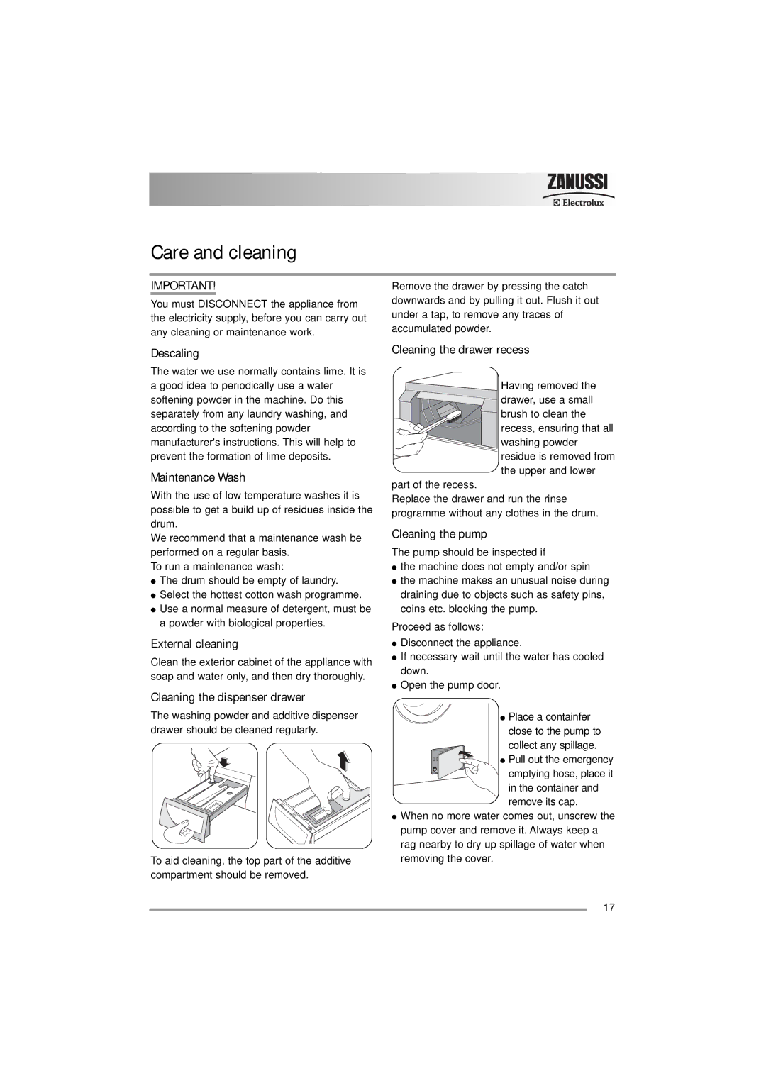 Zanussi 132973860 user manual Care and cleaning 