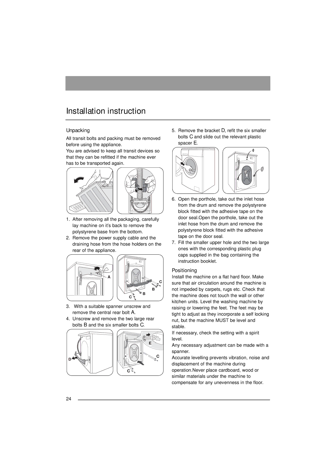 Zanussi 132973860 user manual Installation instruction, Unpacking, Positioning 