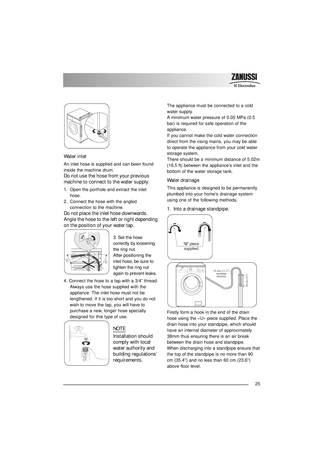 Zanussi 132973860 user manual Water inlet, Water drainage, Into a drainage standpipe 