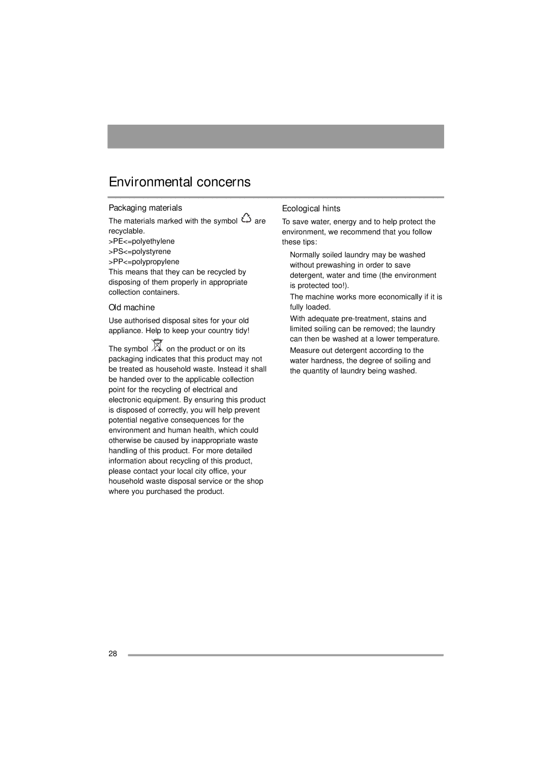 Zanussi 132973860 user manual Environmental concerns, Packaging materials, Old machine, Ecological hints 