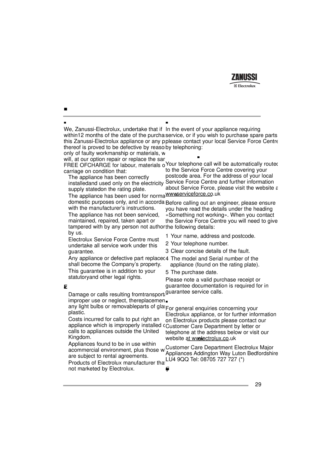 Zanussi 132973860 user manual Guarantee conditions 