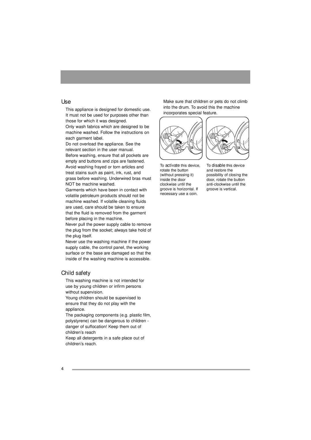 Zanussi 132973860 user manual Use, Child safety 