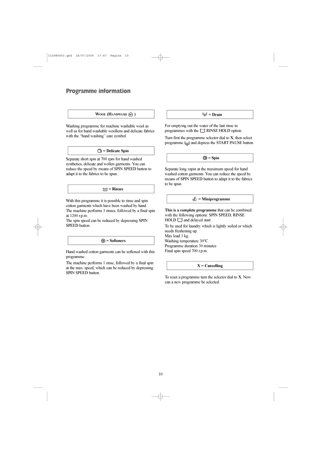 Zanussi 132985450 manual Programme information 